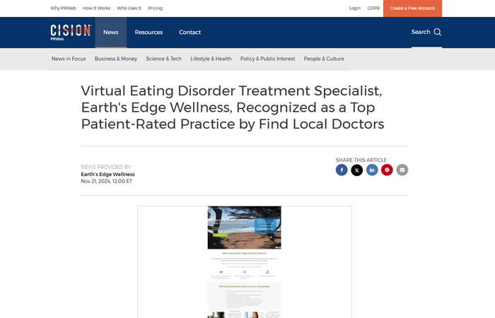 Screenshot of an article titled: Earth’s Edge Wellness Offers Virtual and Holistic Treatment for Eating Disorders